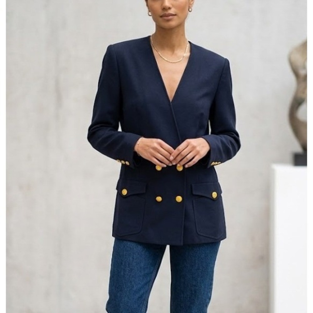 Vintage CHANEL Navy Blue Collarless Knit Blazer Jacket Gold Clover Buttons US 12
